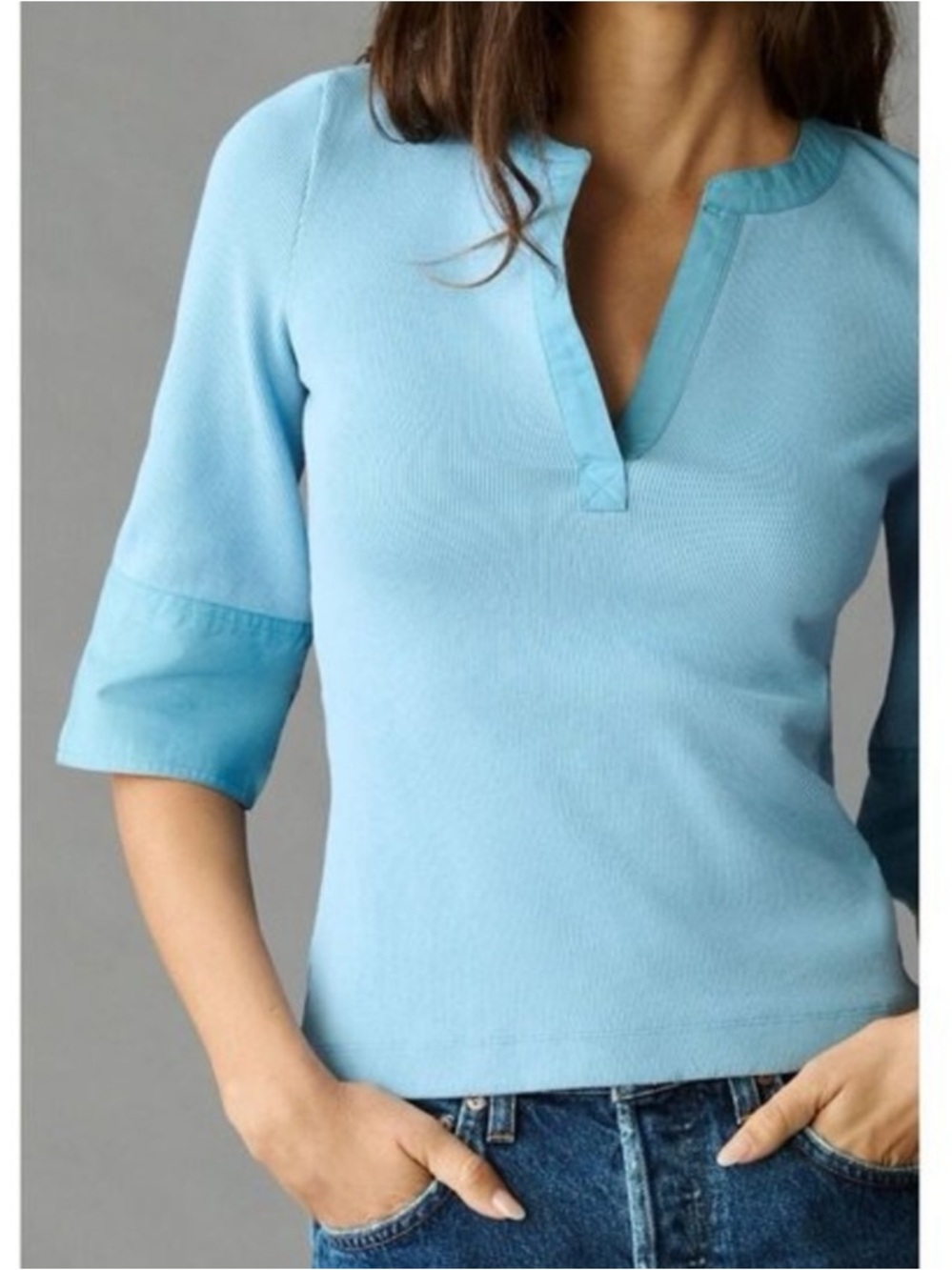 Maeve Anthropologie Light Blue Cuffed Popover 3/4 Sleeve Top | Size Medium